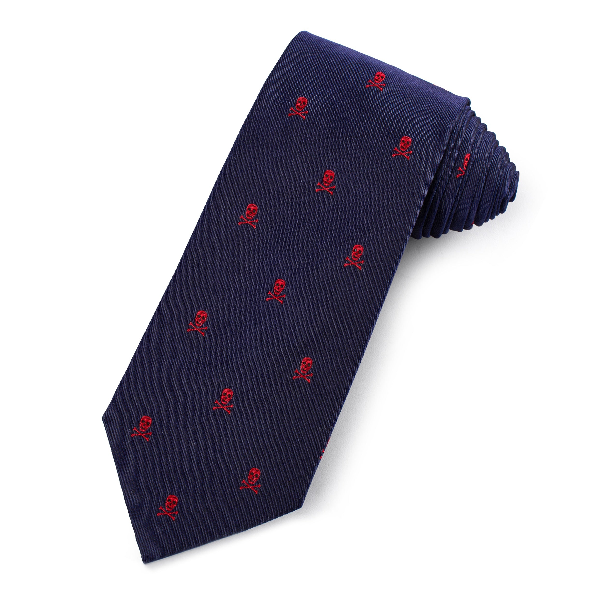 Skull & Crossbones Silk Tie In Red & Navy