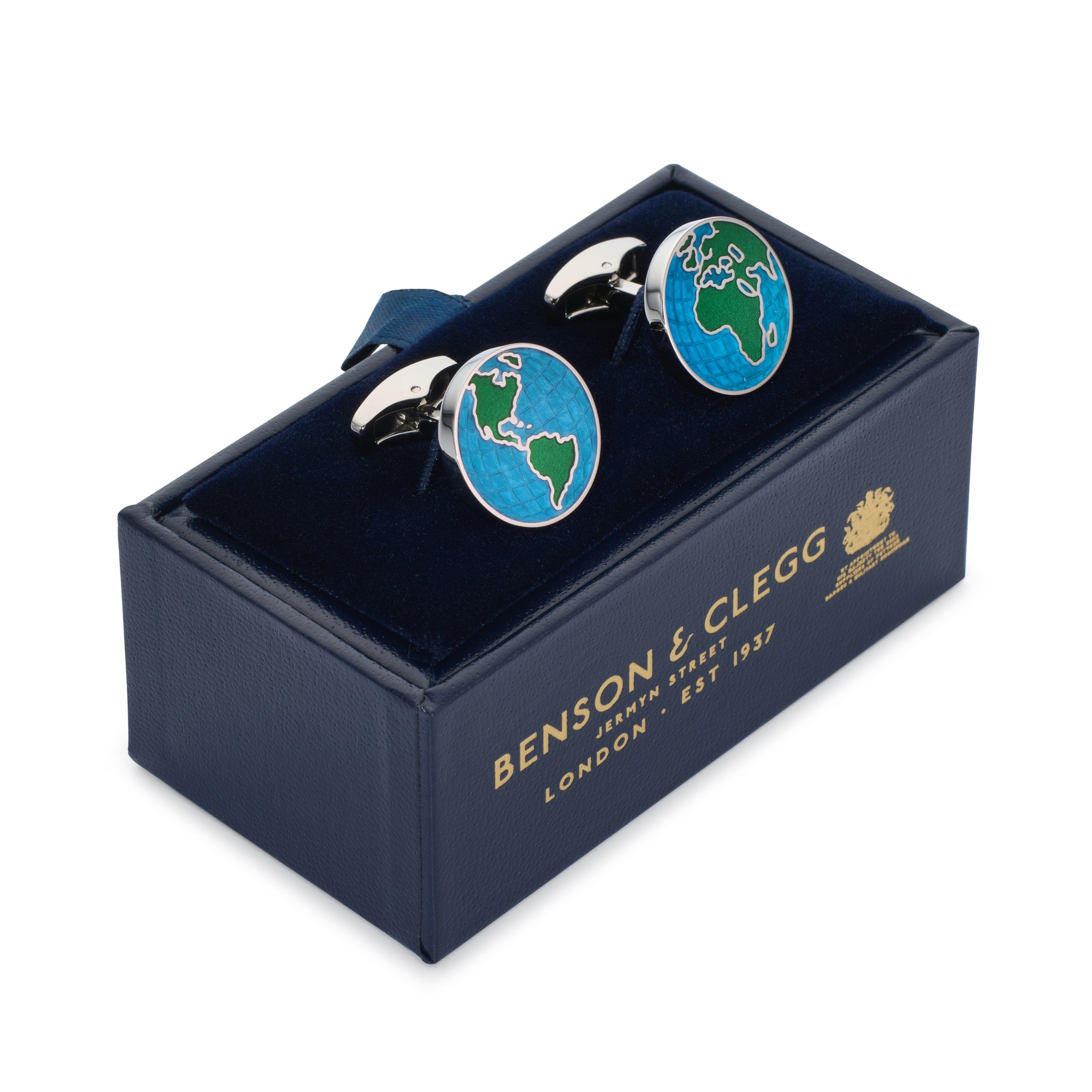 World Map cufflinks with blue enamel globe and green continents in polished silver setting in luxury presentaiton box