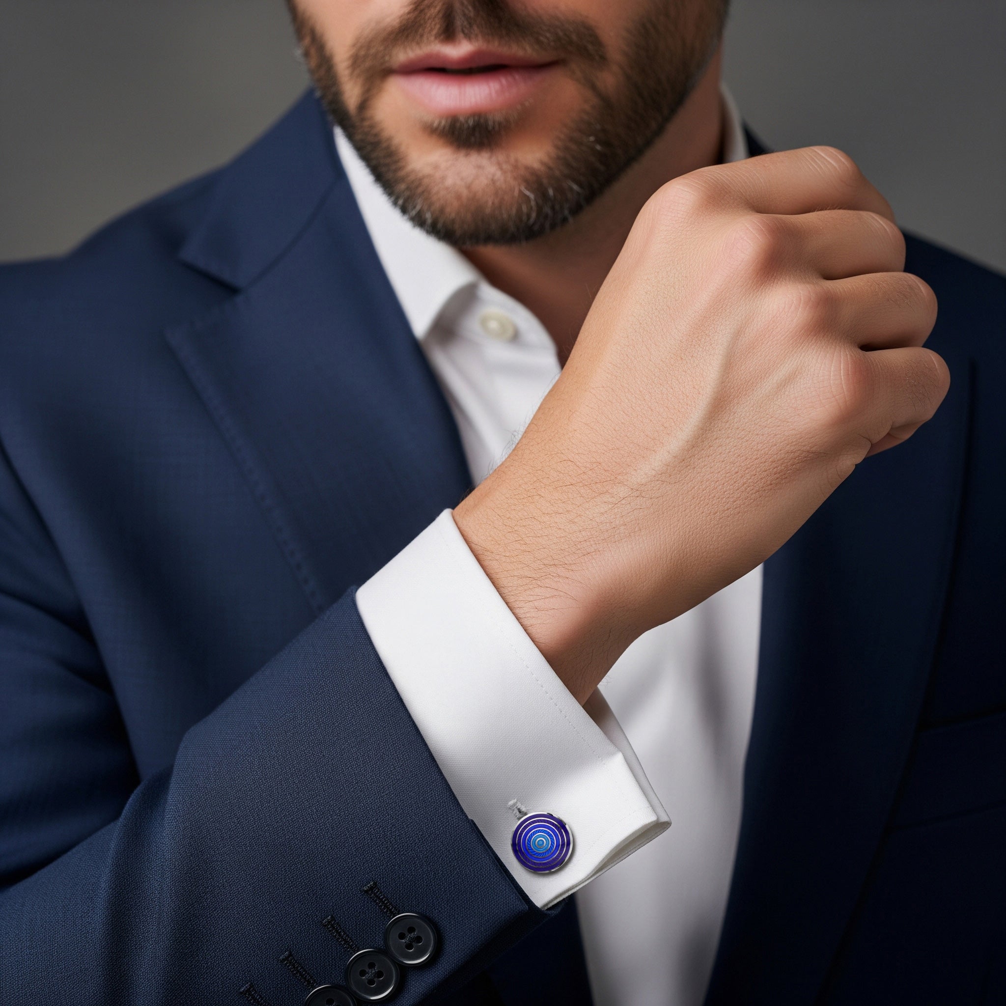 Guilloche Roundel Sterling Silver Cufflinks In Blue Gradient