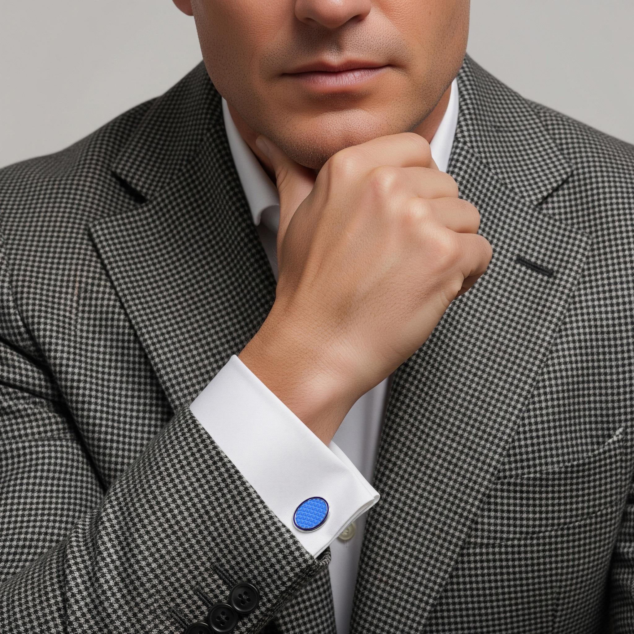 Oval Cloisonne Sterling Silver Chain Cufflinks In Sky Blue