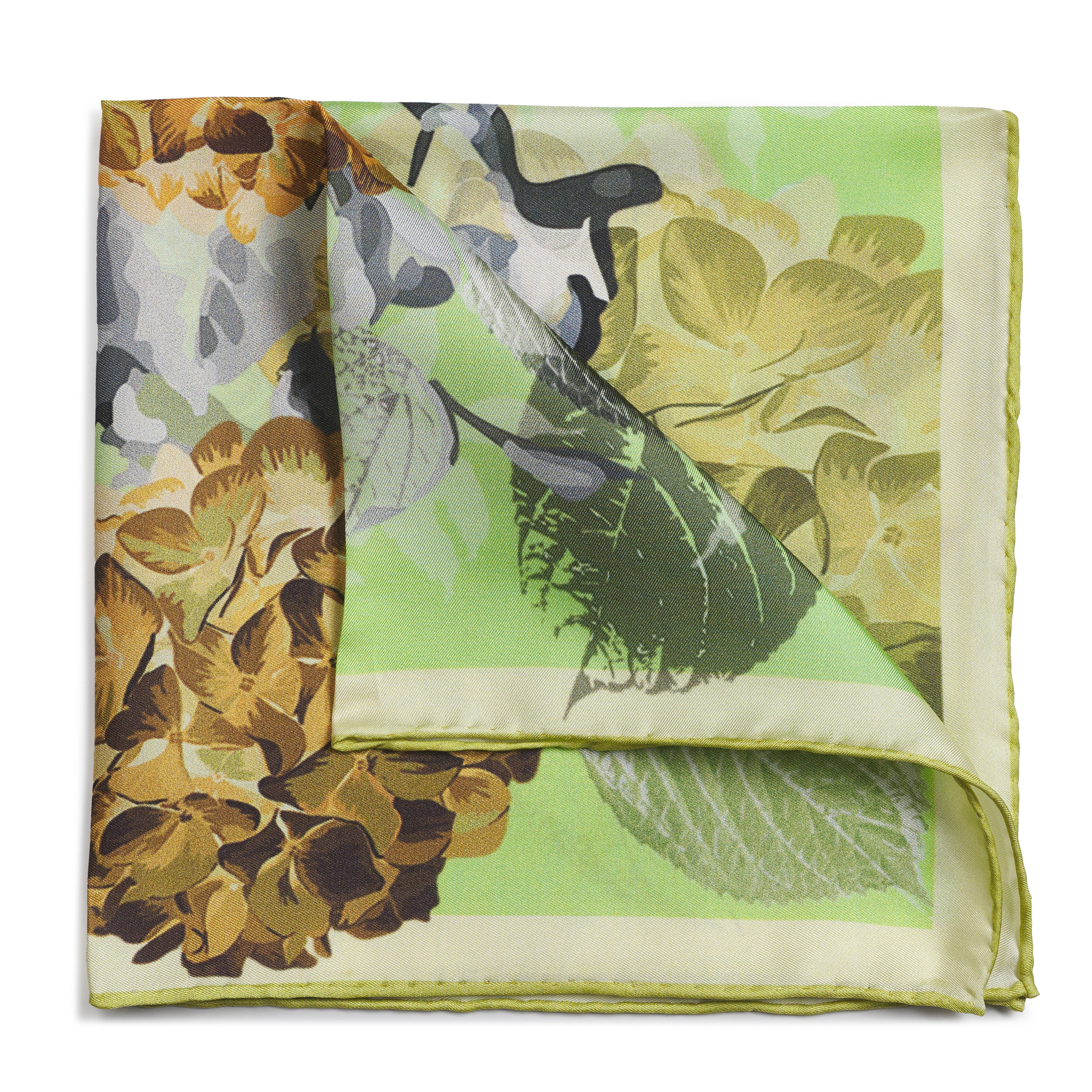 Hydrangea Golden Pocket Sqaure - Luxury handcrafted silk pocket square by Benson & Clegg