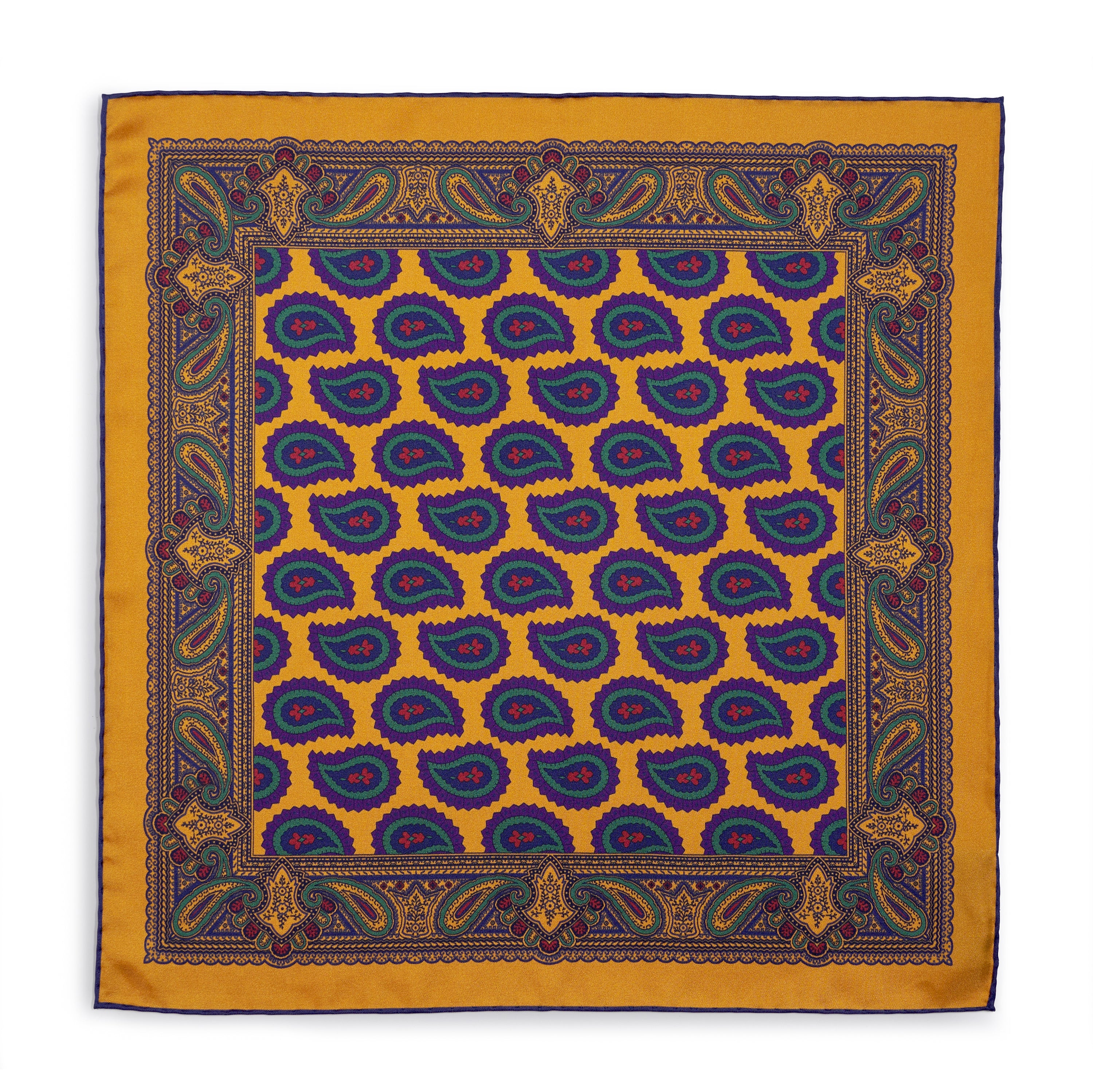 Large Paisley Silk Pocket Square In Gold