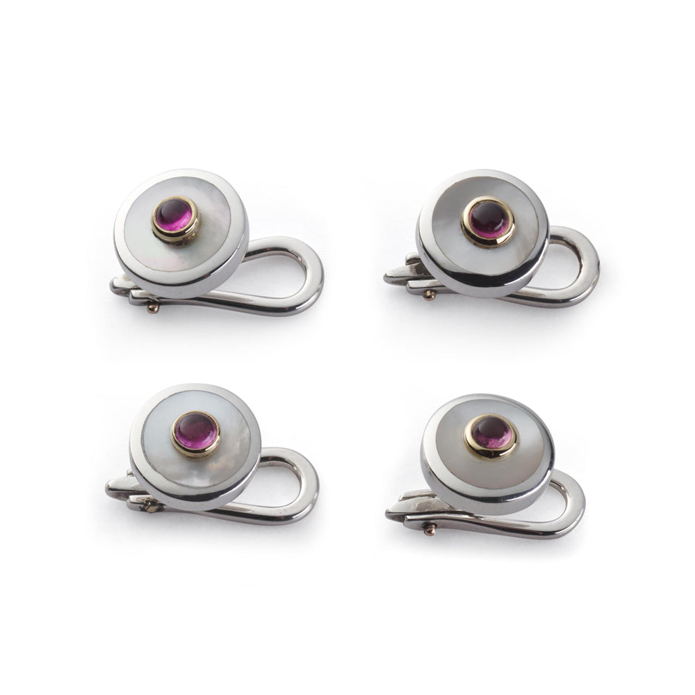 Sterling Silver And Mother Of Pearl With Pink Tourmaline Dress Studs
