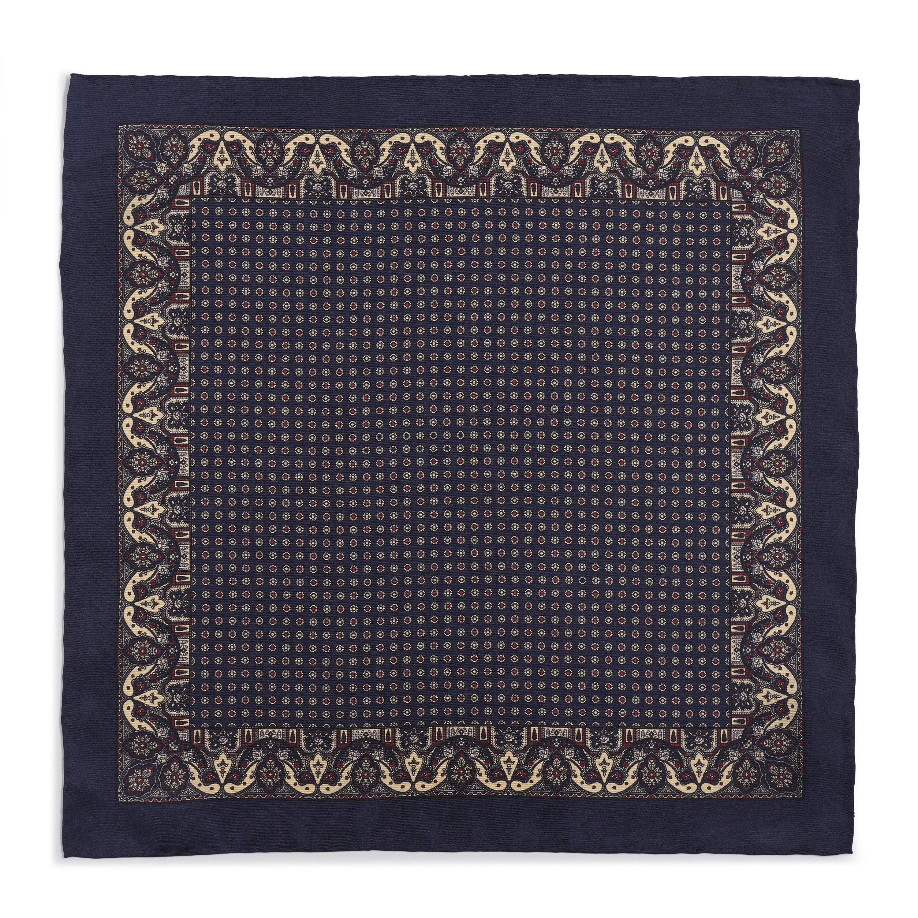 Ornate Paisley Silk Pocket Square In Navy