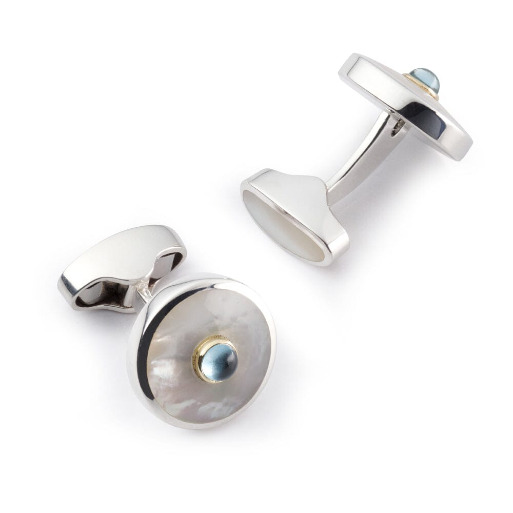 Sterling Silver Cufflinks With Mother Of Pearl And Blue Topaz Cufflinks Benson & Clegg 