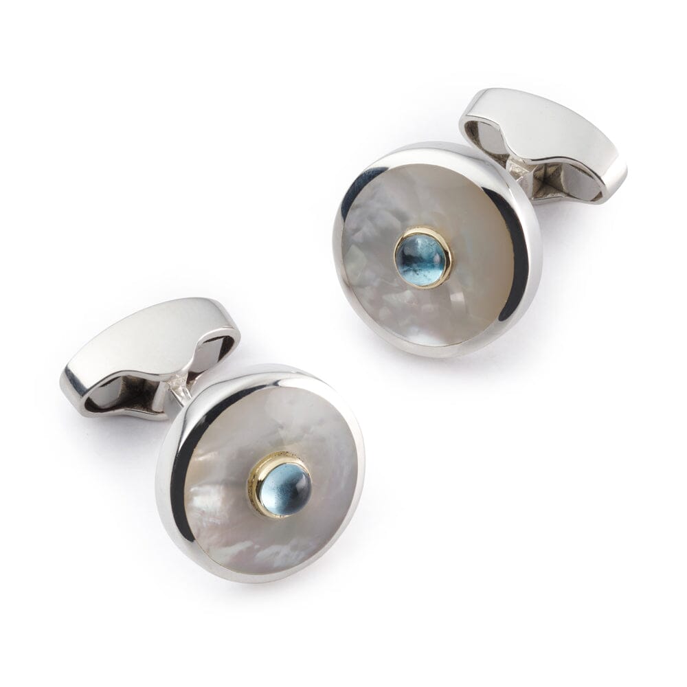 Sterling Silver Cufflinks With Mother Of Pearl And Blue Topaz Cufflinks Benson & Clegg 