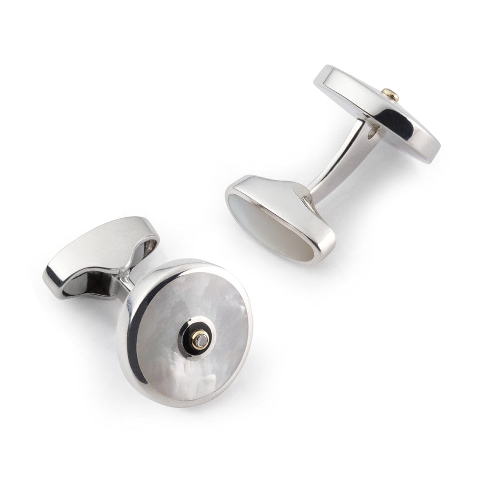 Sterling Silver Cufflinks With Mother Of Pearl And Diamond Cufflinks Benson & Clegg 