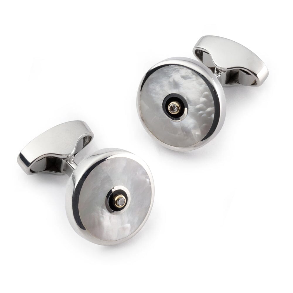 Sterling Silver Cufflinks With Mother Of Pearl And Diamond Cufflinks Benson & Clegg 