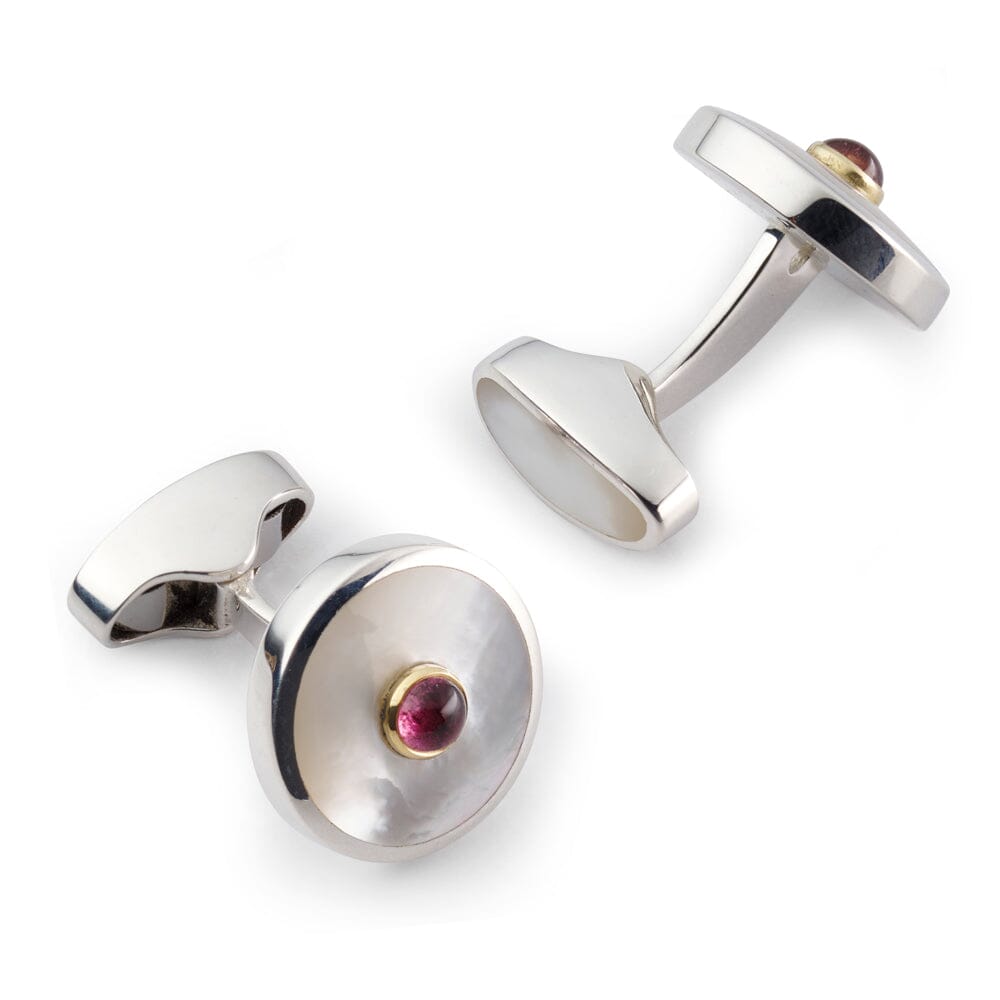 Sterling Silver Cufflinks With Mother Of Pearl And Pink Tourmaline Cufflinks Benson & Clegg 