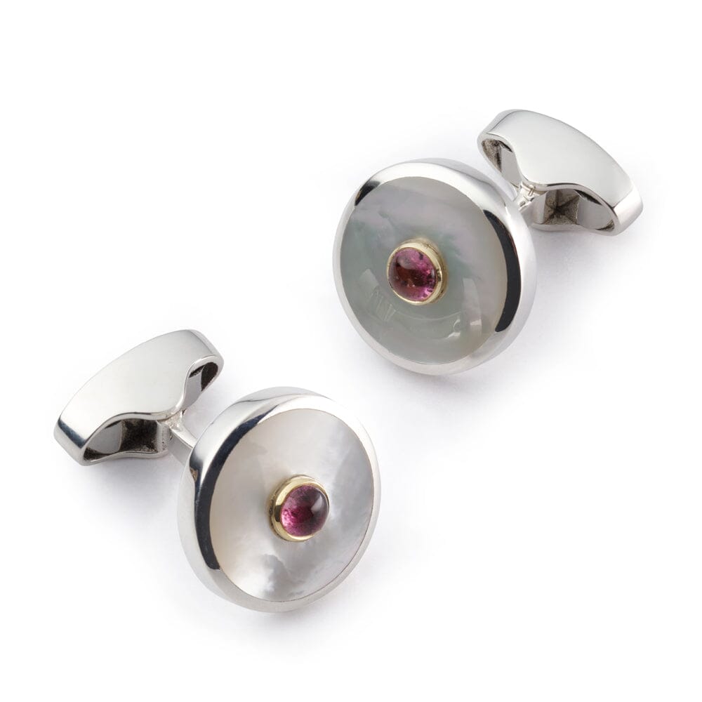 Sterling Silver Cufflinks With Mother Of Pearl And Pink Tourmaline Cufflinks Benson & Clegg 