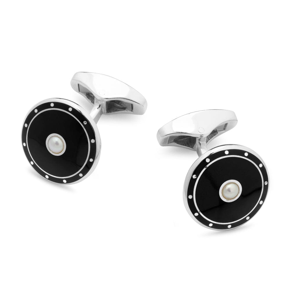 Domed Black Enamel Sterling Silver Cufflinks With Mother Of Pearl Cufflinks Benson & Clegg 