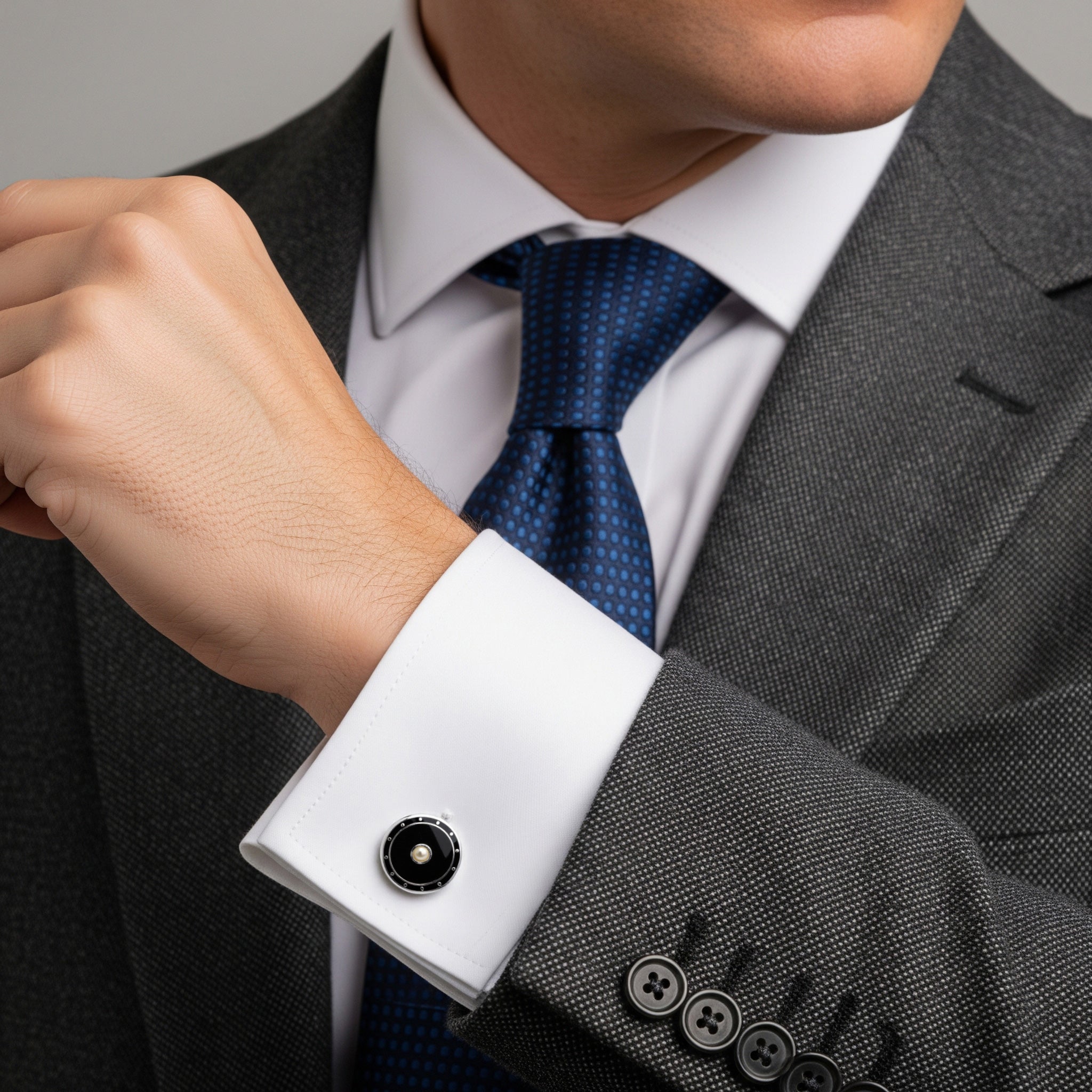 Domed Black Enamel Sterling Silver Cufflinks With Mother Of Pearl
