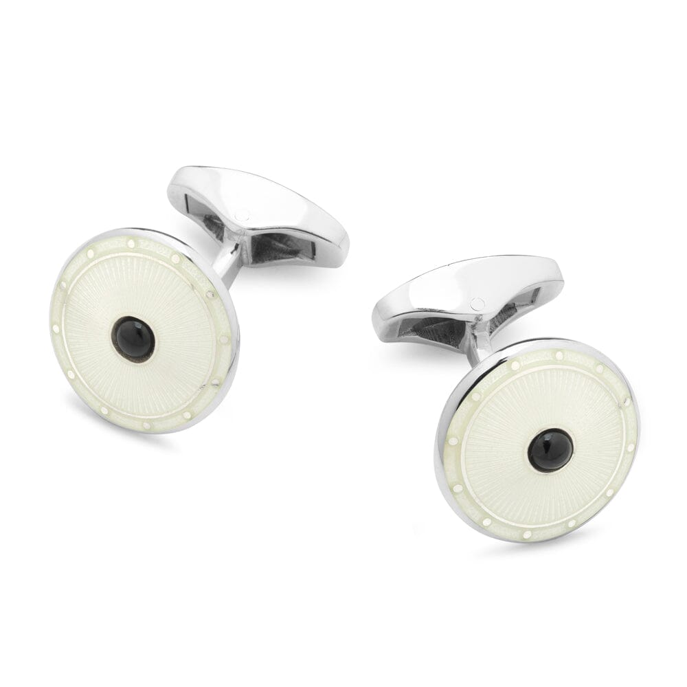 Domed Cream Enamel Sterling Silver Cufflinks With Onyx Cufflinks Benson & Clegg 