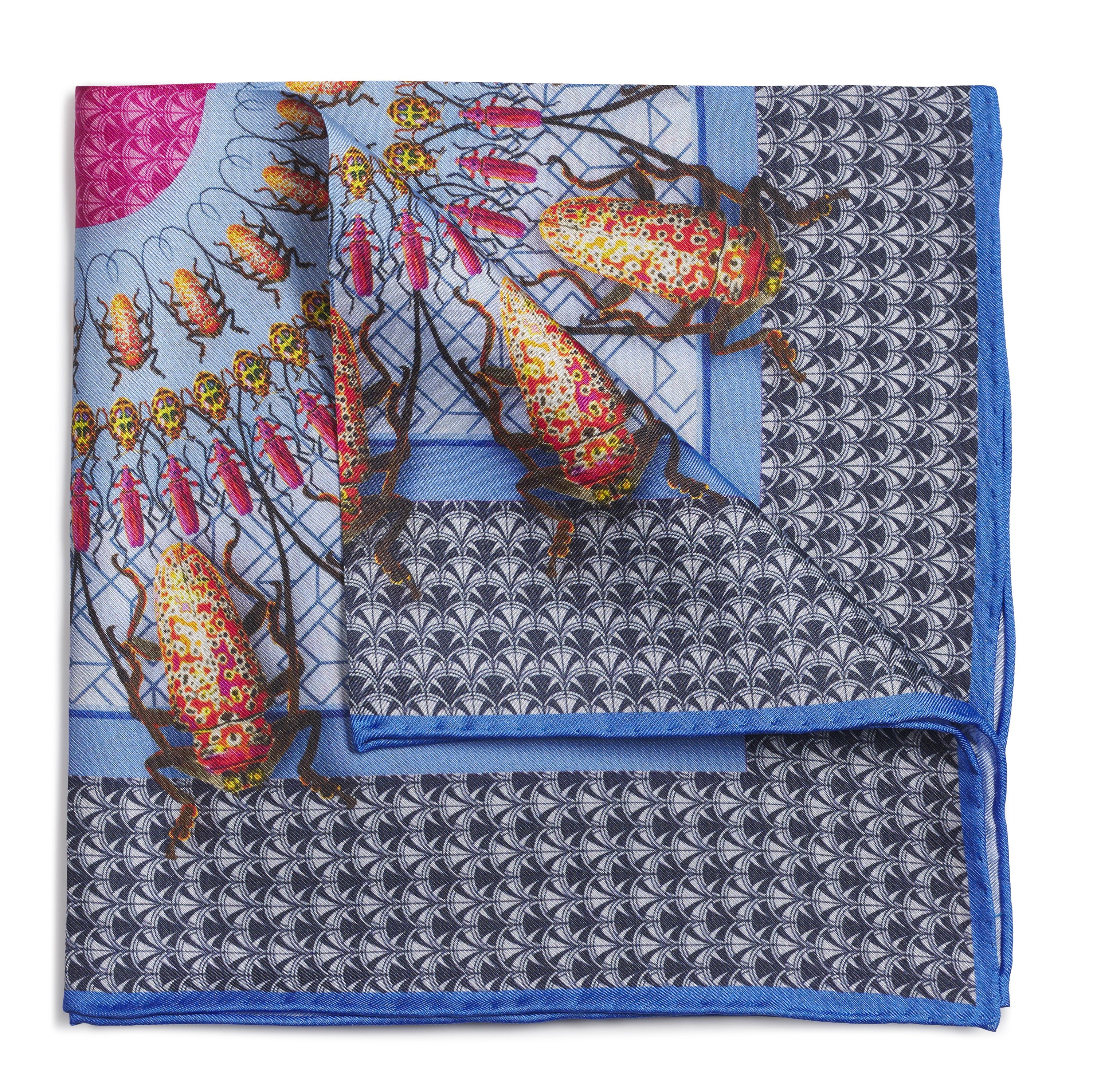 Beetle Parade Sky Pocket Square - Luxury handcrafted silk pocket square by Benson & Clegg