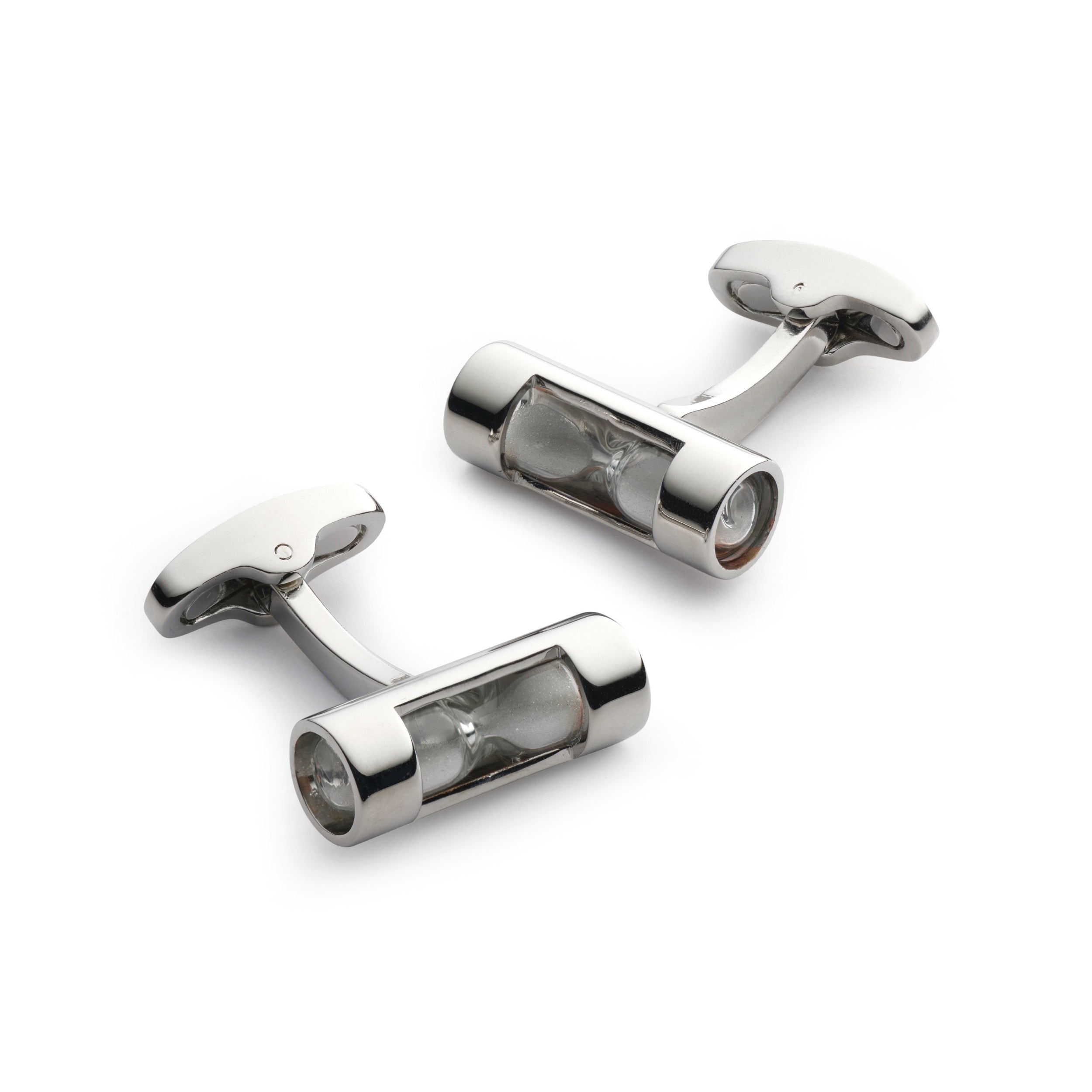 Silver hourglass cufflinks with miniature sand timer