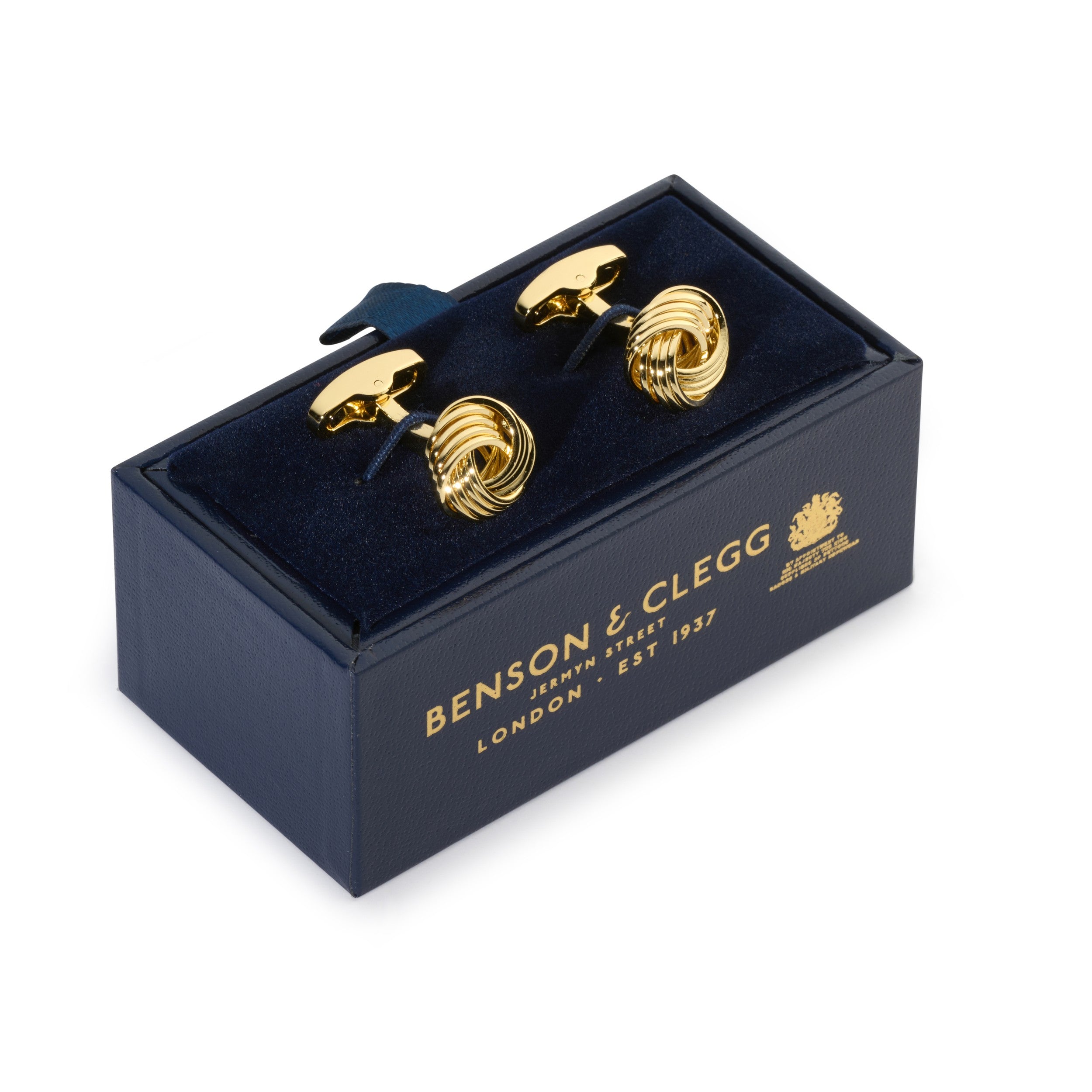 Benson & Clegg gold knot cufflinks in luxury presentation box