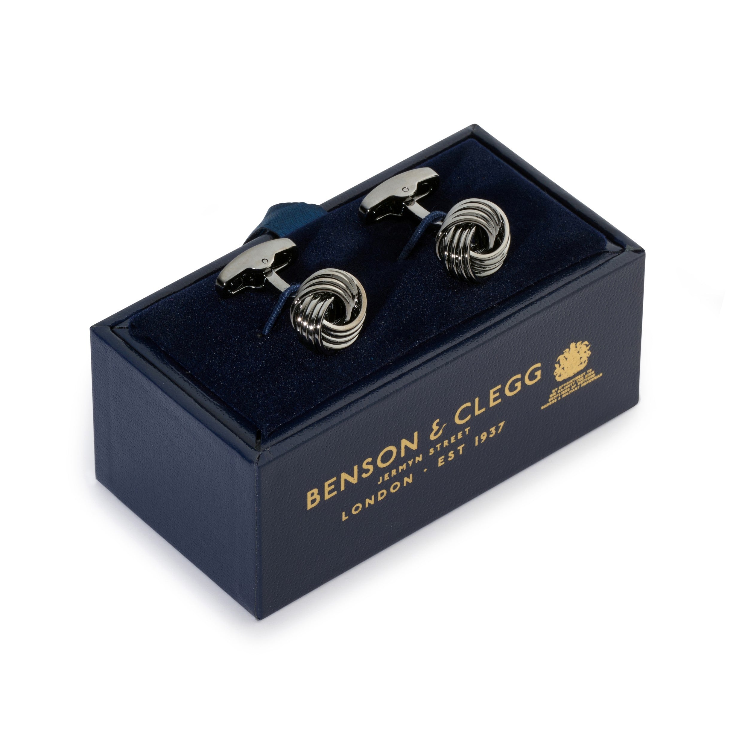 Benson & Clegg gunmetal knot cufflinks in luxury presentation box