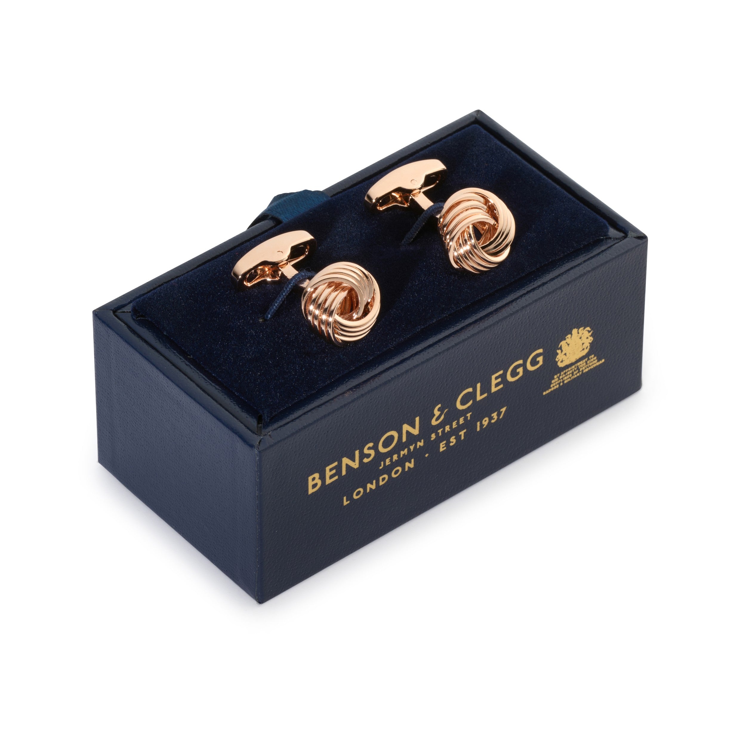 Benson & Clegg rose gold knot cufflinks in luxury presentation box