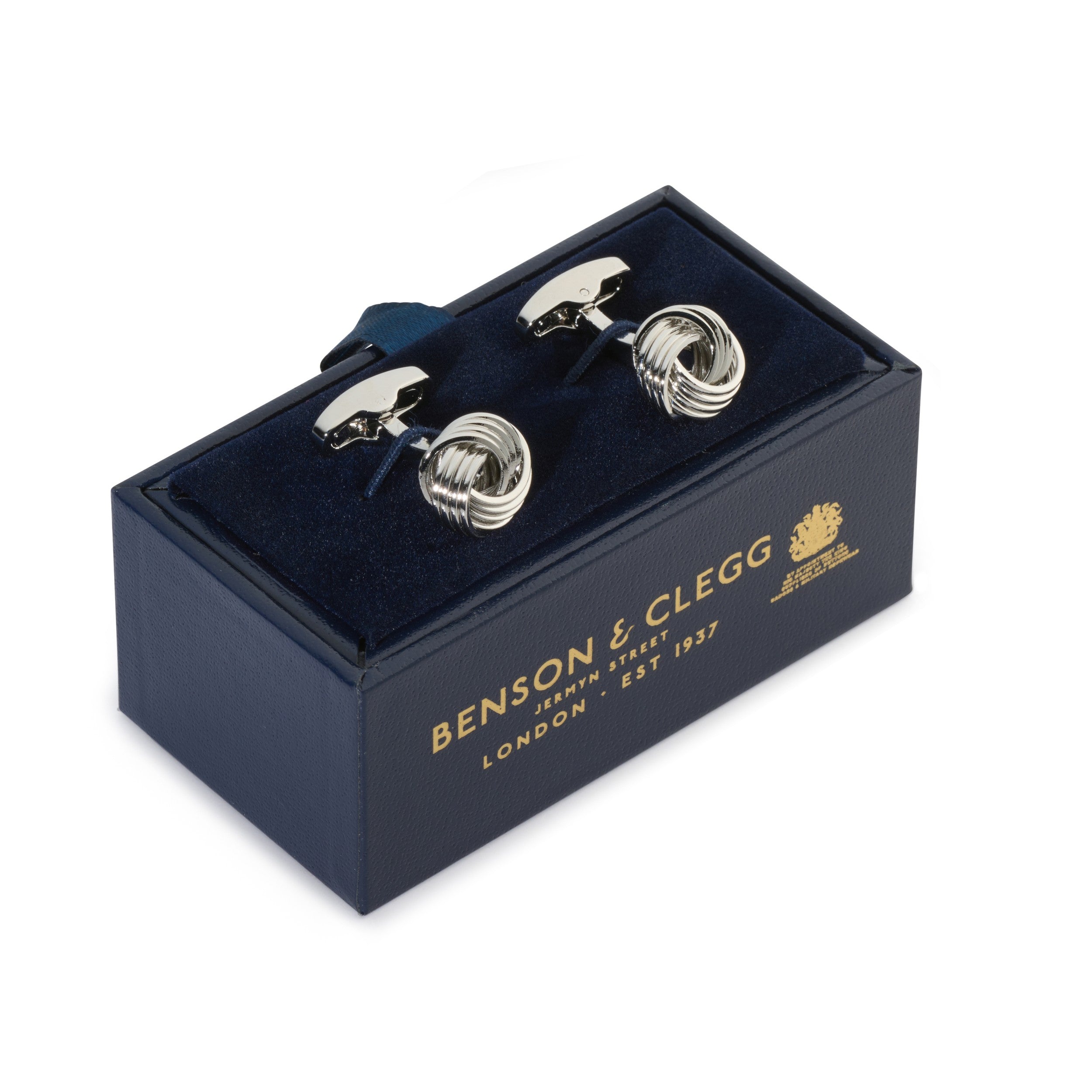 Benson & Clegg silver knot cufflinks in luxury presentation box