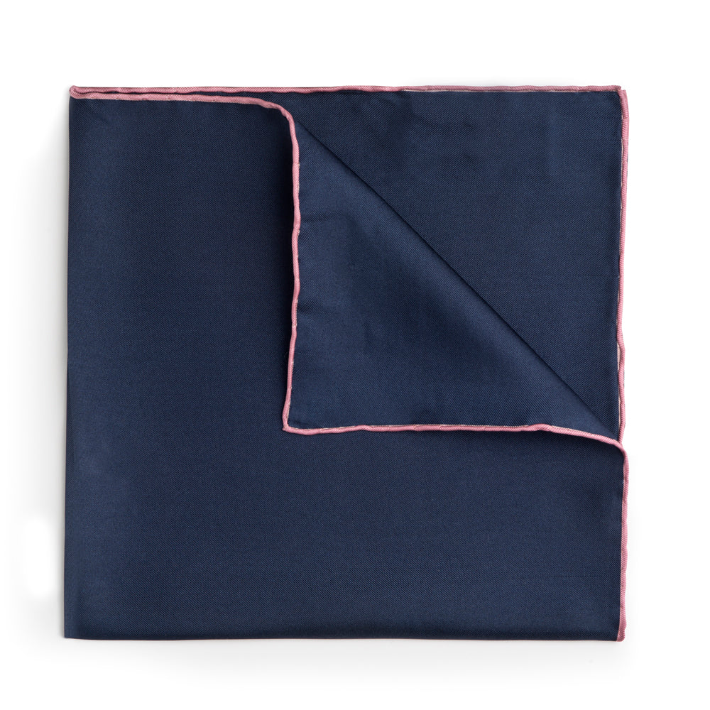 Benson & Clegg Navy Blue With Pink Shoe String Silk Pocket Square