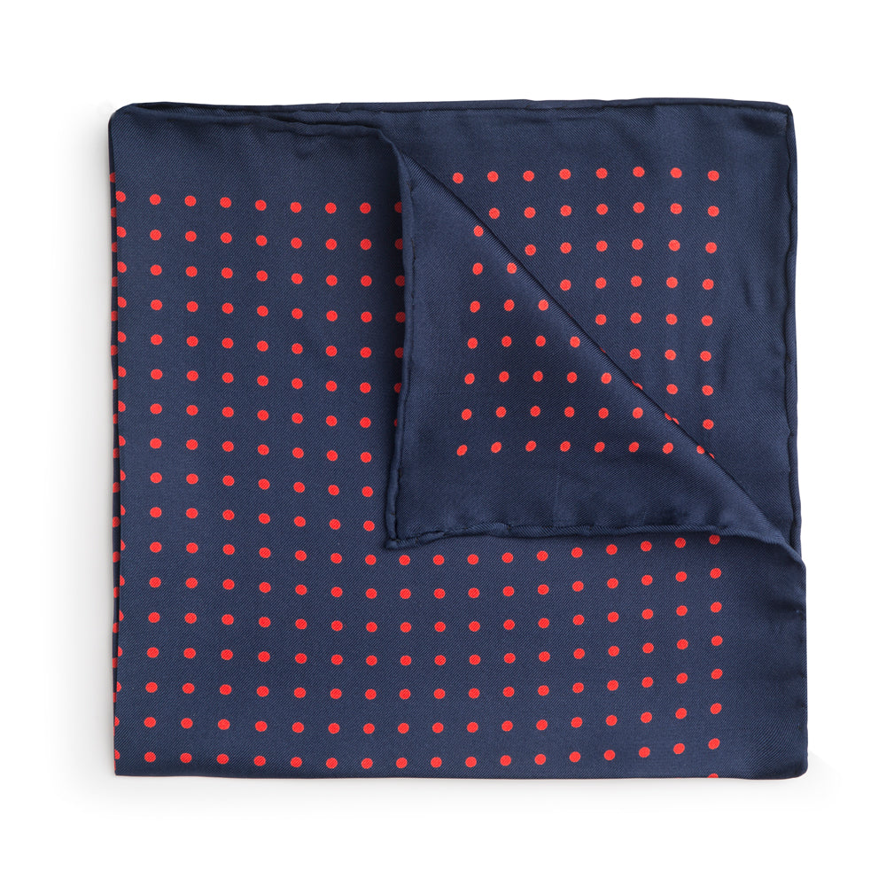 Benson & Clegg Navy With Red Polka Dot Silk Pocket Square