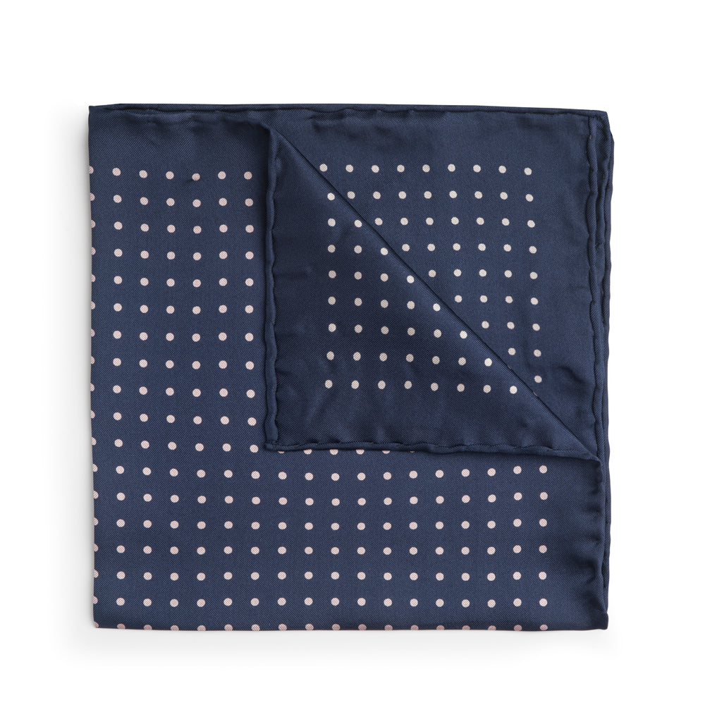 Benson & Clegg Navy With White Polka Dot Silk Pocket Square