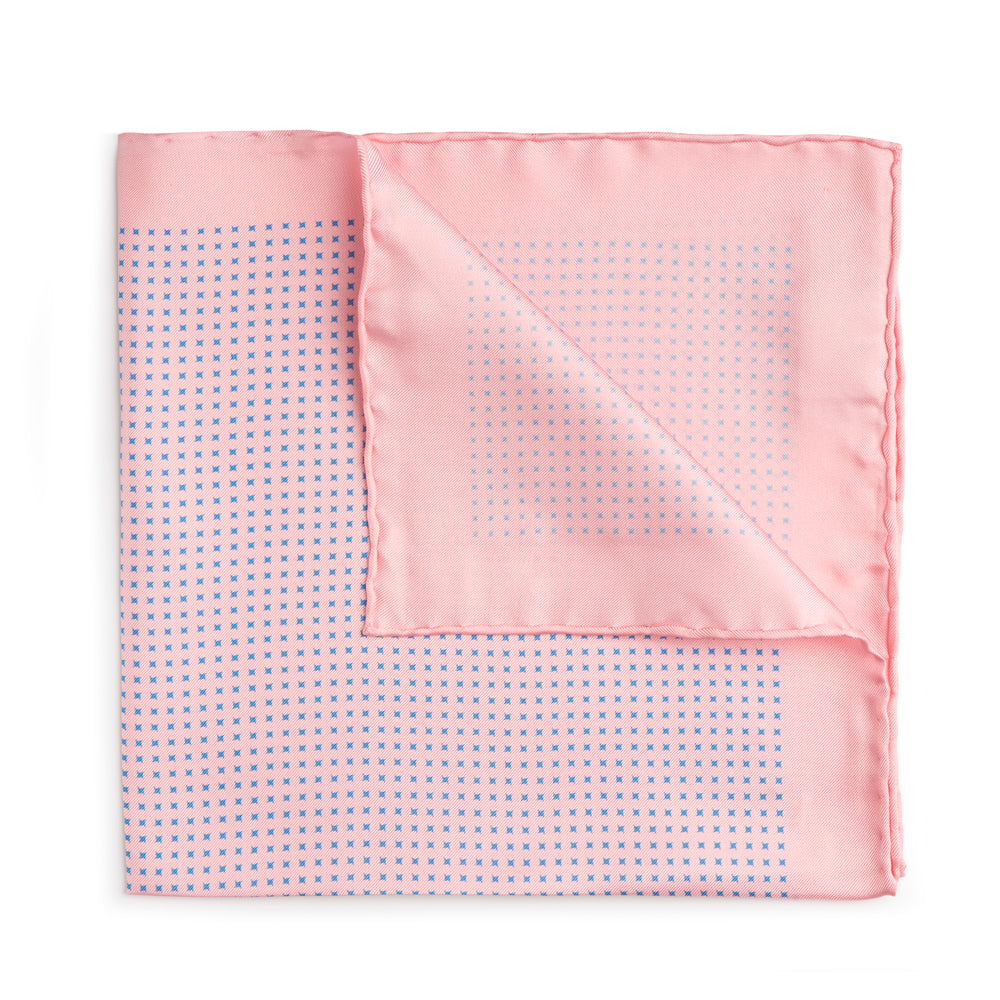 Benson & Clegg Pink With Blue Houndstooth Silk Pocket Square
