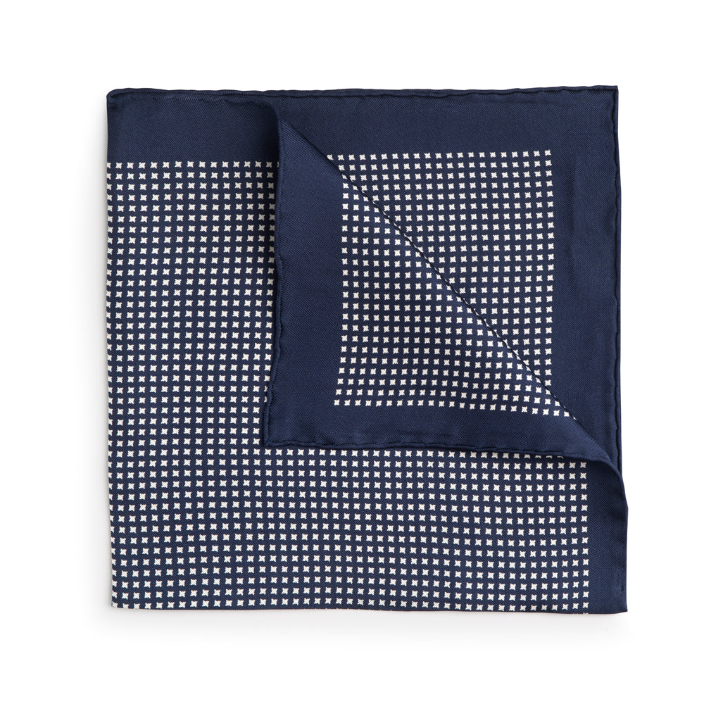 Benson & Clegg Navy With Cream Houndstooth Silk Pocket Square