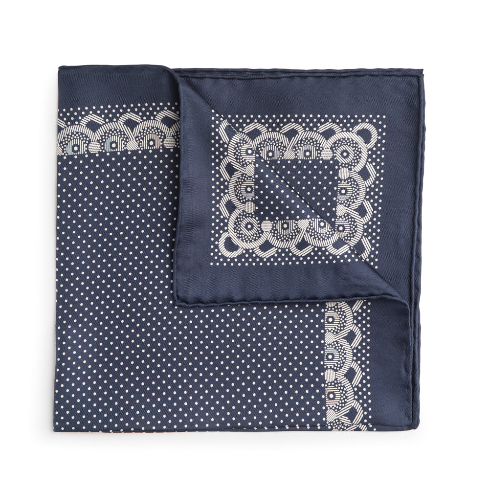 Benson & Clegg Navy With White Polka Dot & Border Silk Pocket Square