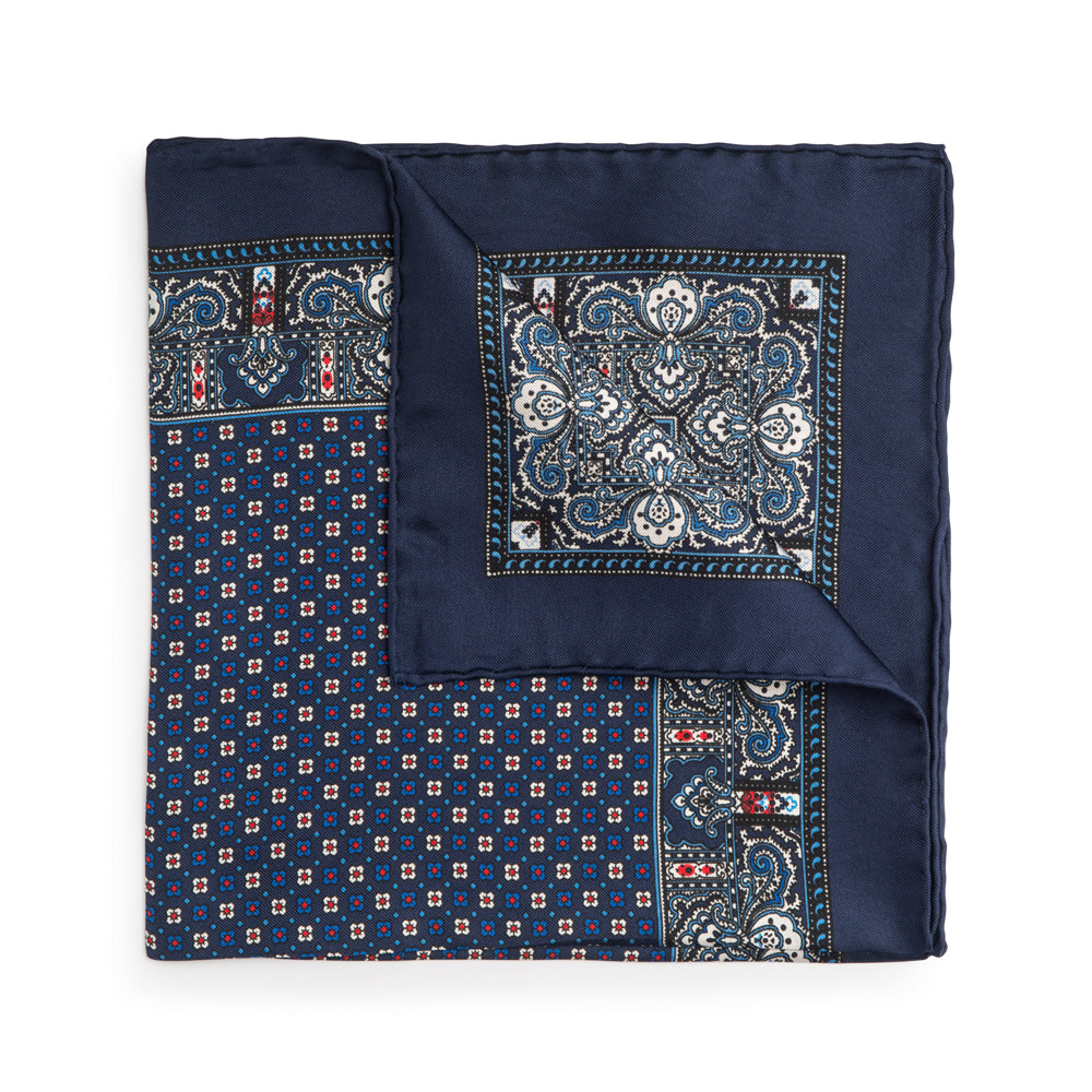 Benson & Clegg Navy Blue Design Silk Pocket Square