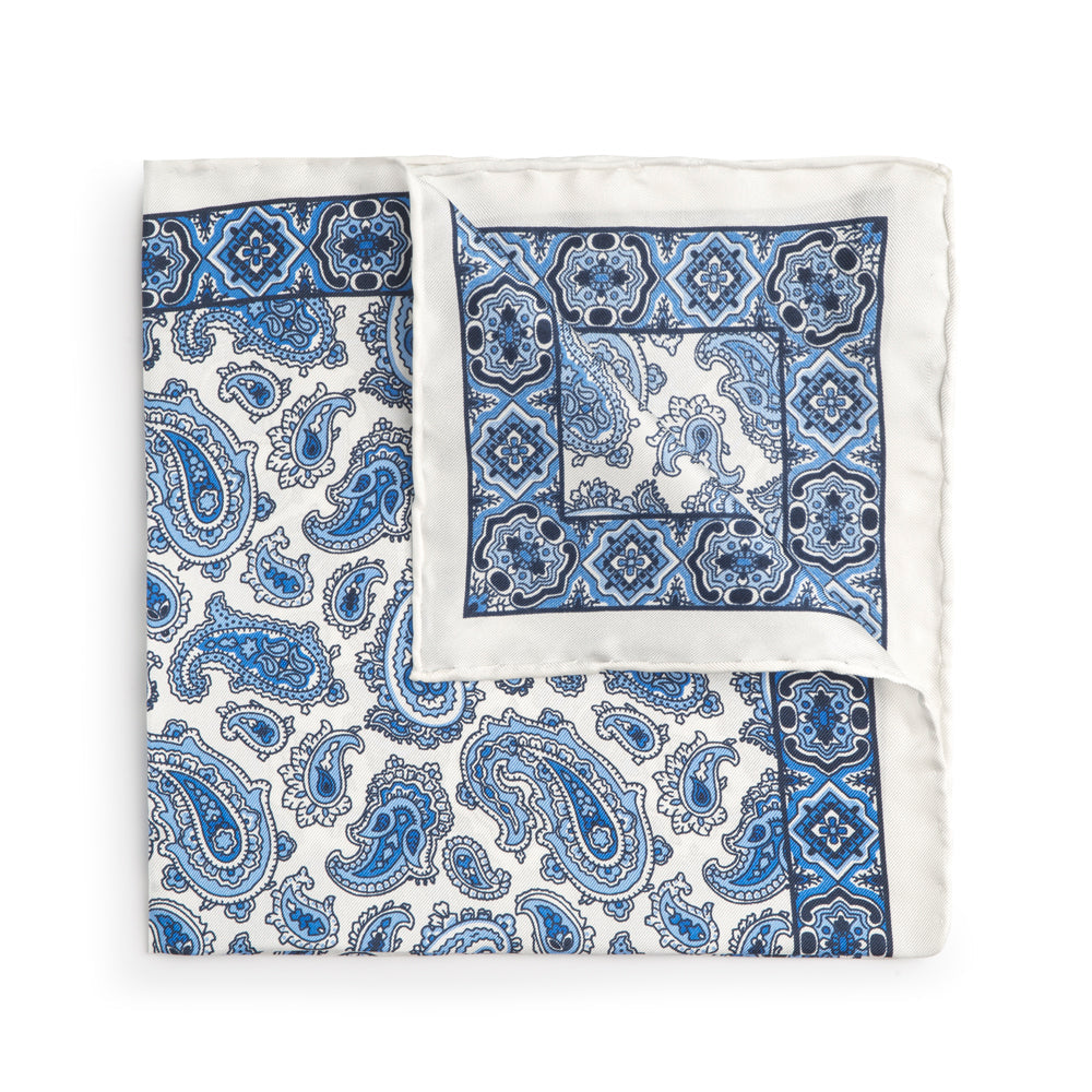 Benson & Clegg Large White And Blue Paisley Silk Pocket Square