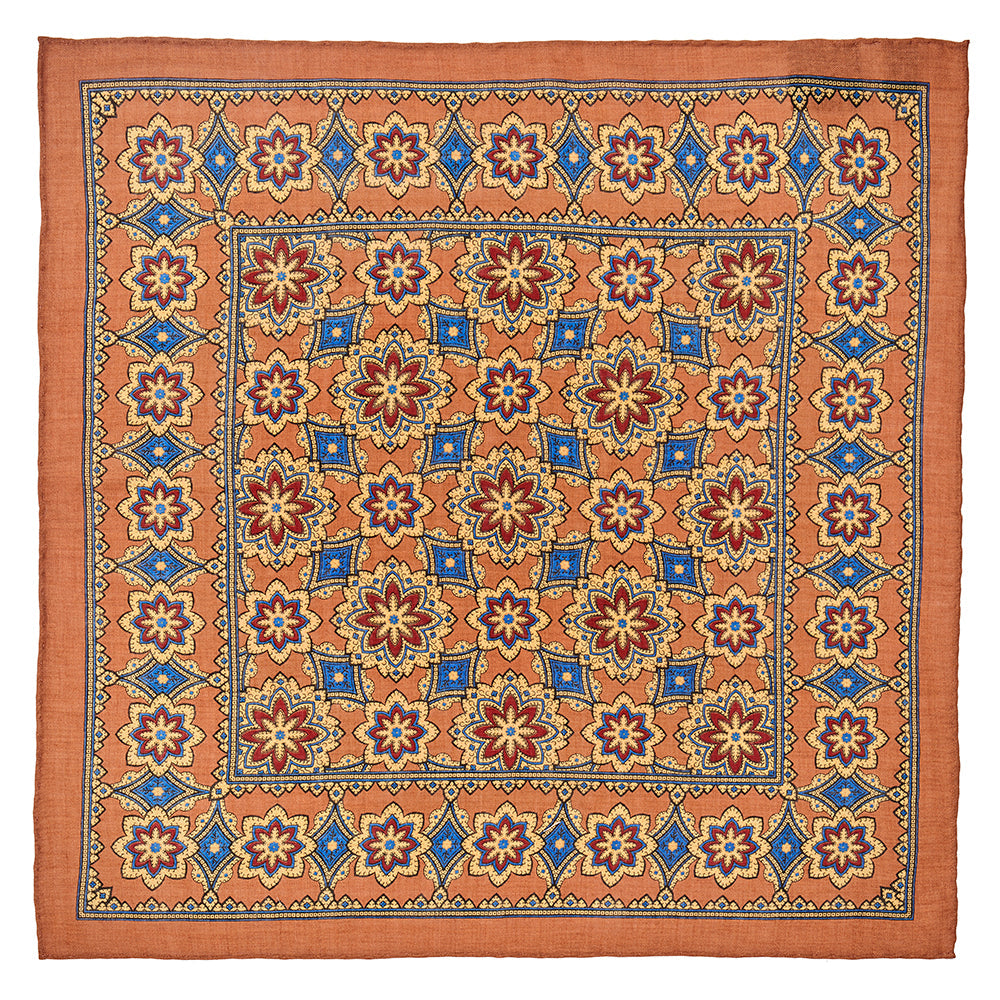 Benson & Clegg Floral Design In Burnt Orange (Wool & Silk Mix) Pocket Square