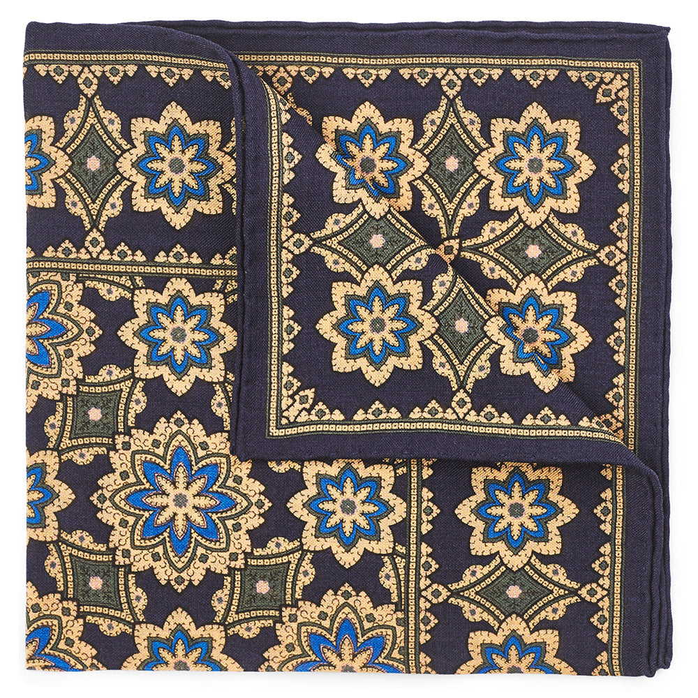 Benson & Clegg Floral Design In Navy (Wool & Silk Mix) Pocket Square