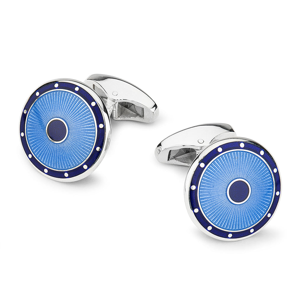Domed Guilloche Sterling Silver Cufflinks In Blue