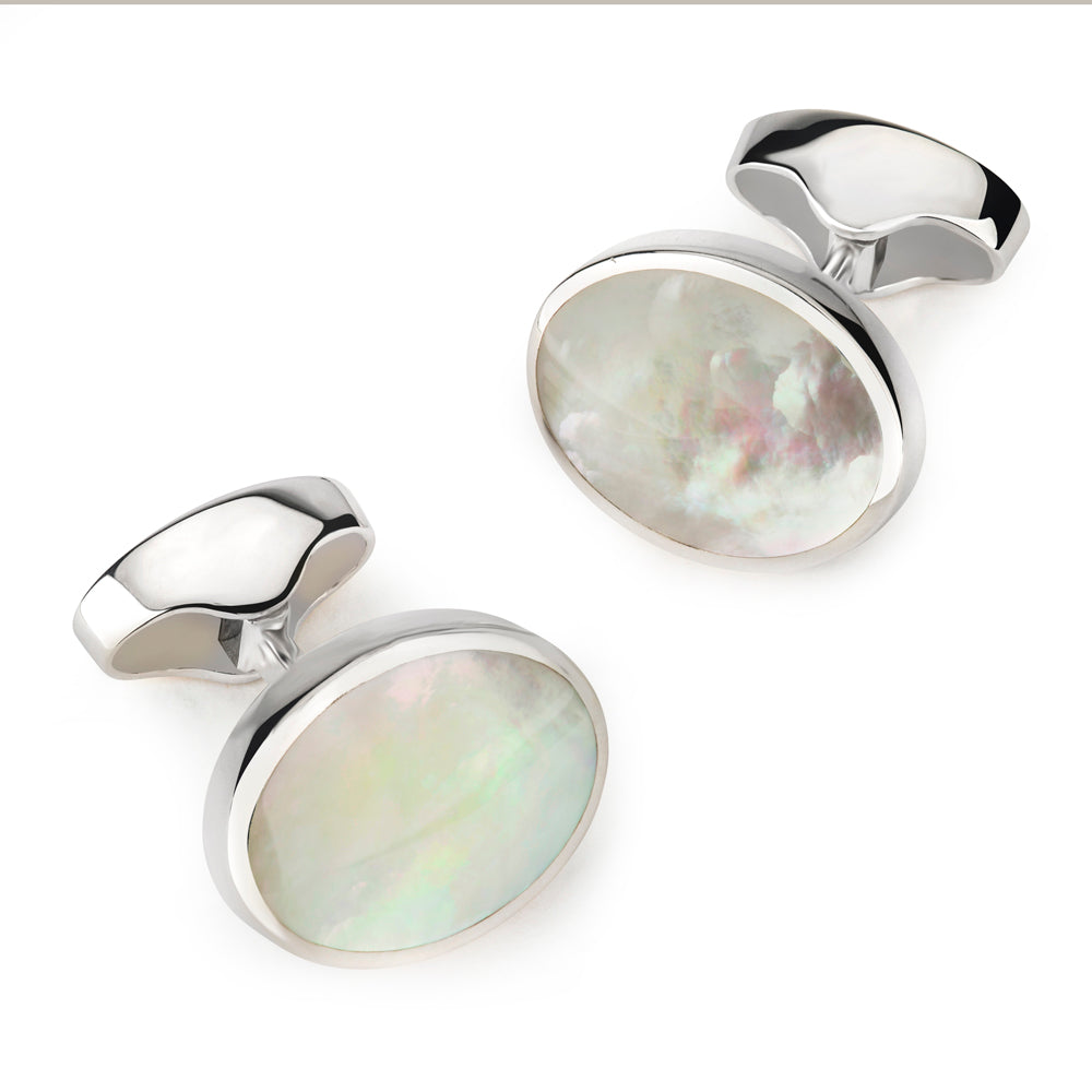 Sterling Silver Oval Cufflinks With Mother Of Pearl