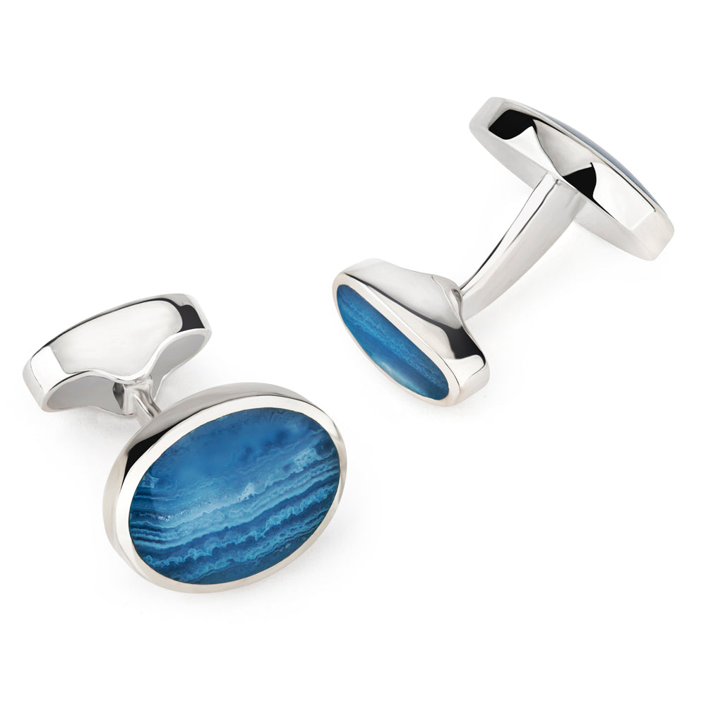 Sterling Silver Oval Cufflinks With Blue Lace