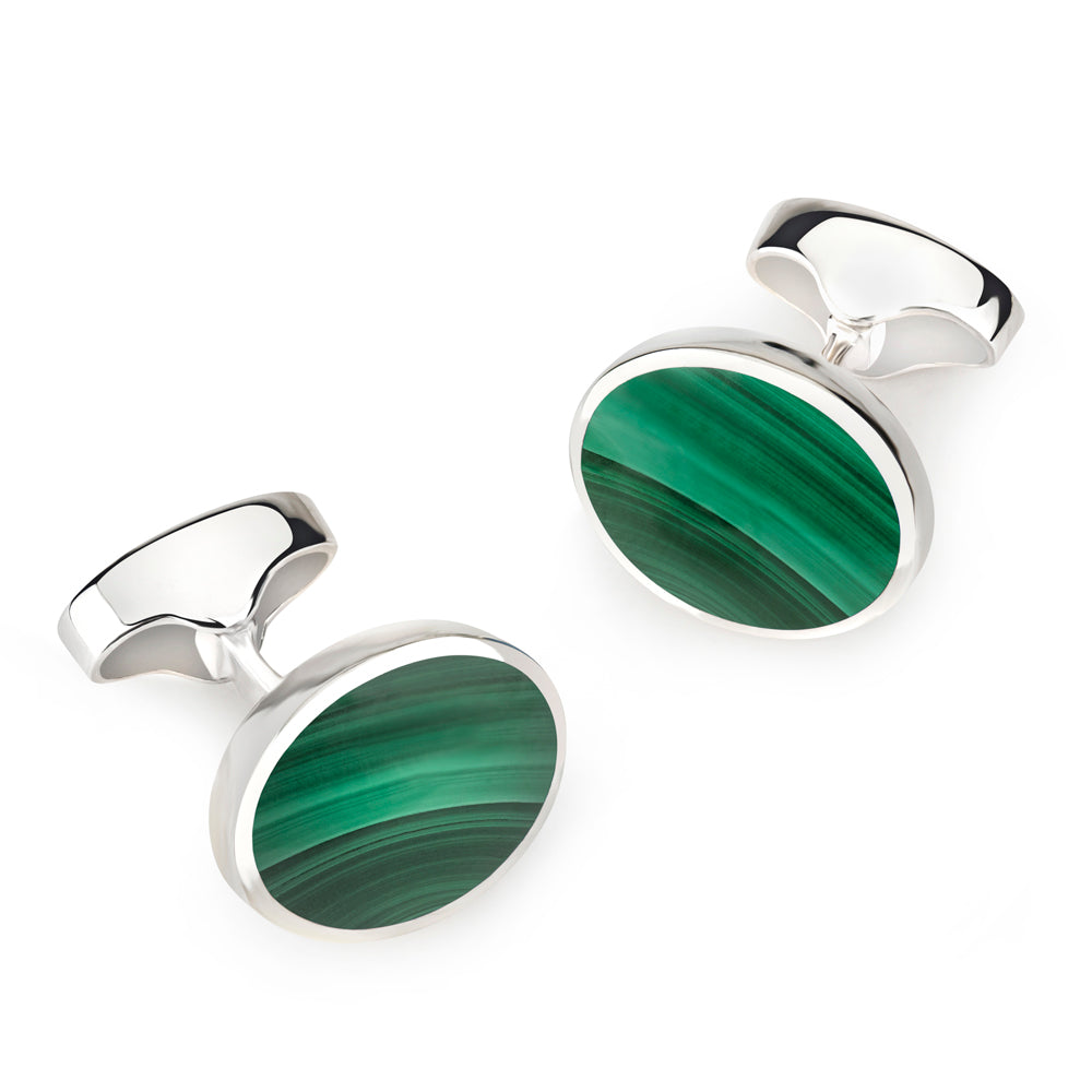 Sterling Silver Oval Cufflinks With Malachite