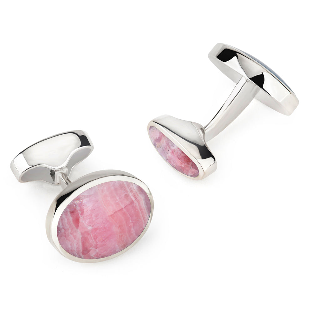 Sterling Silver Oval Cufflinks With Rhodochrosite