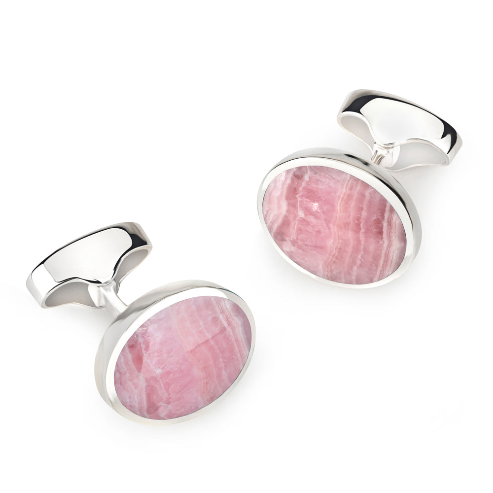 Sterling Silver Oval Cufflinks With Rhodochrosite