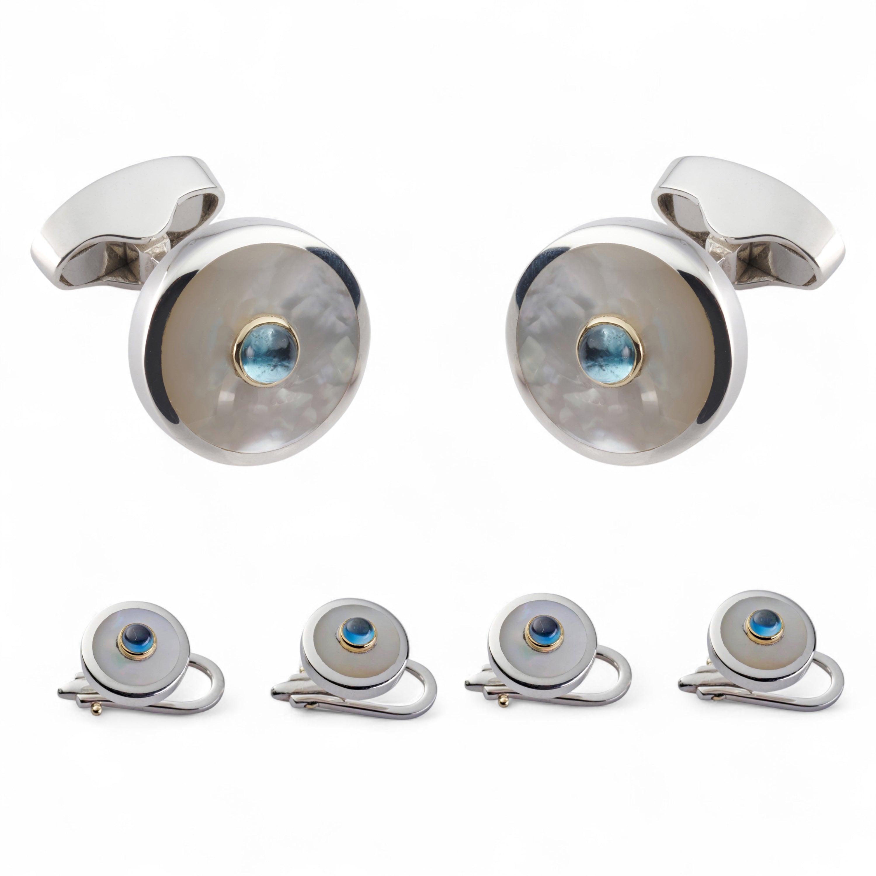 Sterling Silver And Mother Of Pearl With Blue Topaz Dress Set