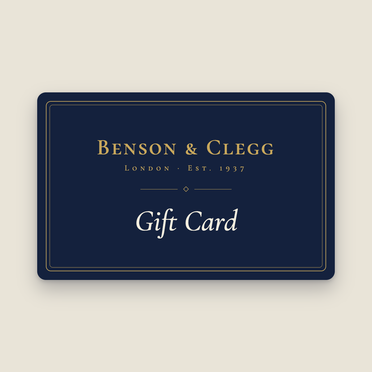 Benson & Clegg gift card in navy and gold