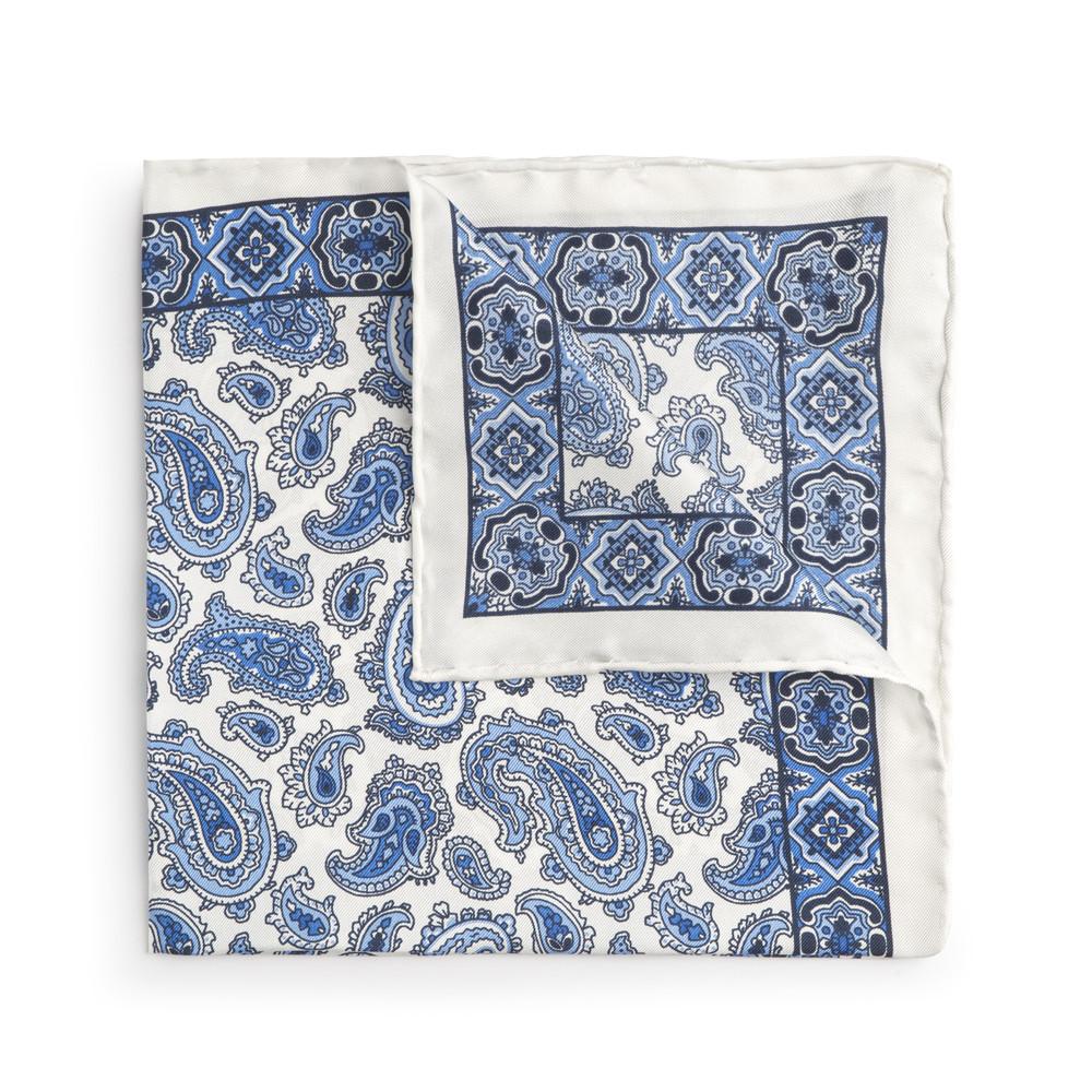 Large White And Blue Paisley Silk Pocket Square Accessories Not specified 